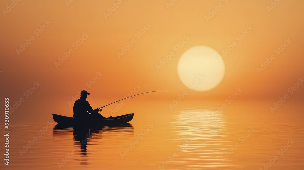 A tranquil fishing scene capturing the essence of nature with a silhouette of a fisherman casting his line at sunset A tranquil fishing scene capturing the essence of nature with a silhouette of a fisherman casting his line at sunset