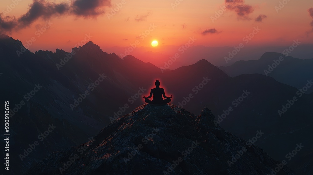 Silhouette of a Person Meditating on Mountaintop at Sunset Silhouette of a Person Meditating on Mountaintop at Sunset