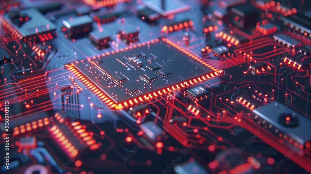 Close-up of a Red Lighted Circuit Board Close-up of a Red Lighted Circuit Board