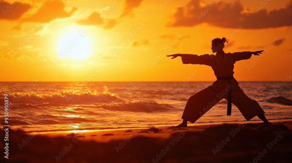 Silhouette of a Woman Practicing Martial Arts on the Beach at Sunset Silhouette of a Woman Practicing Martial Arts on the Beach at Sunset