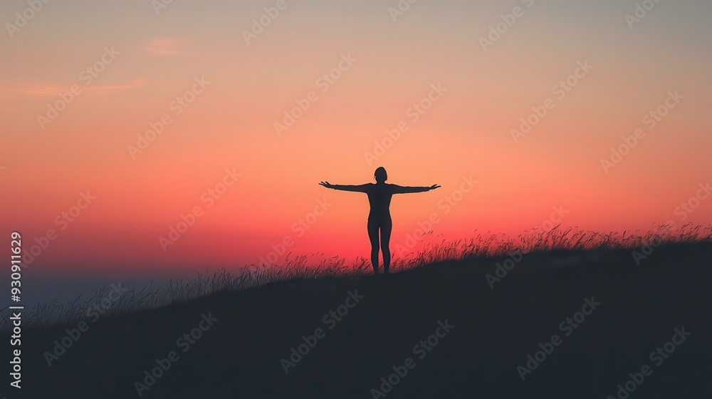 Silhouette of Woman with Arms Outstretched at Sunset Silhouette of Woman with Arms Outstretched at Sunset