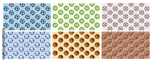 sport balls pixel seamless pattern with soccer ball, basketball, rugby ball, football, baseball.