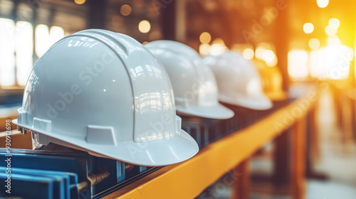 Three white hard hats are lined up on a metal shelf. The hats are all the same color and size, and they are placed in a row. Concept of organization and safety