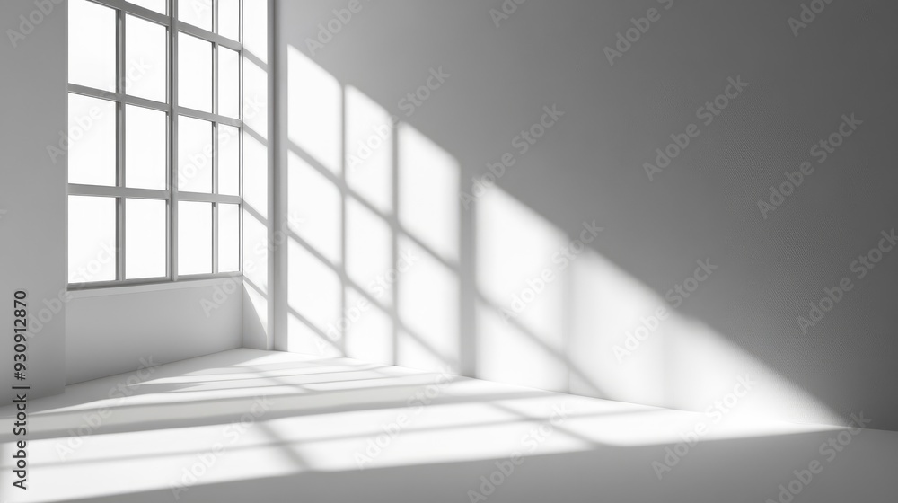 Fototapeta premium Minimalistic simple abstract background for product presentation. Shadow and light from windows on wall , ai