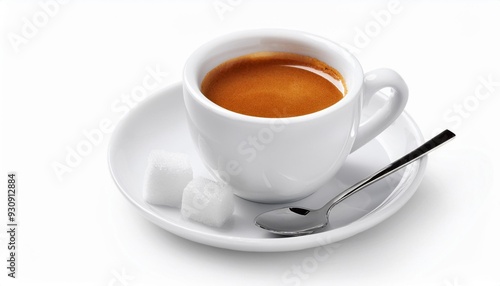 white cup of espresso with a saucer sugar and a spoon isolated on a white background