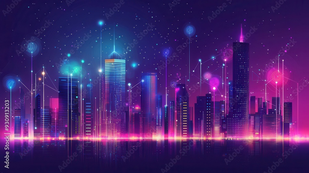Futuristic Cityscape with Neon Lights and Connected Network Futuristic Cityscape with Neon Lights and Connected Network