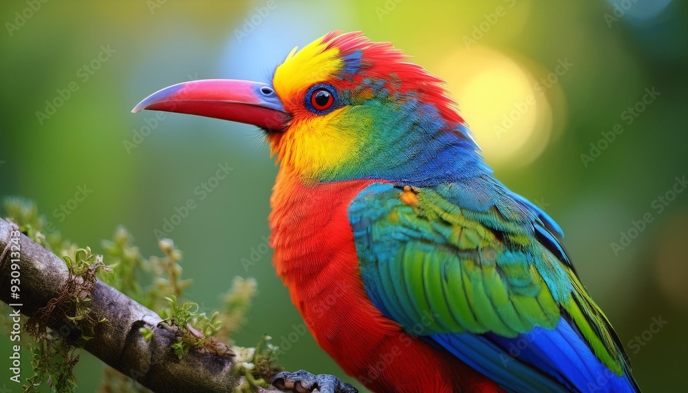 Obraz premium A colorful rainforest bird perched on a branch, focus on its feathers and beak, with a clean