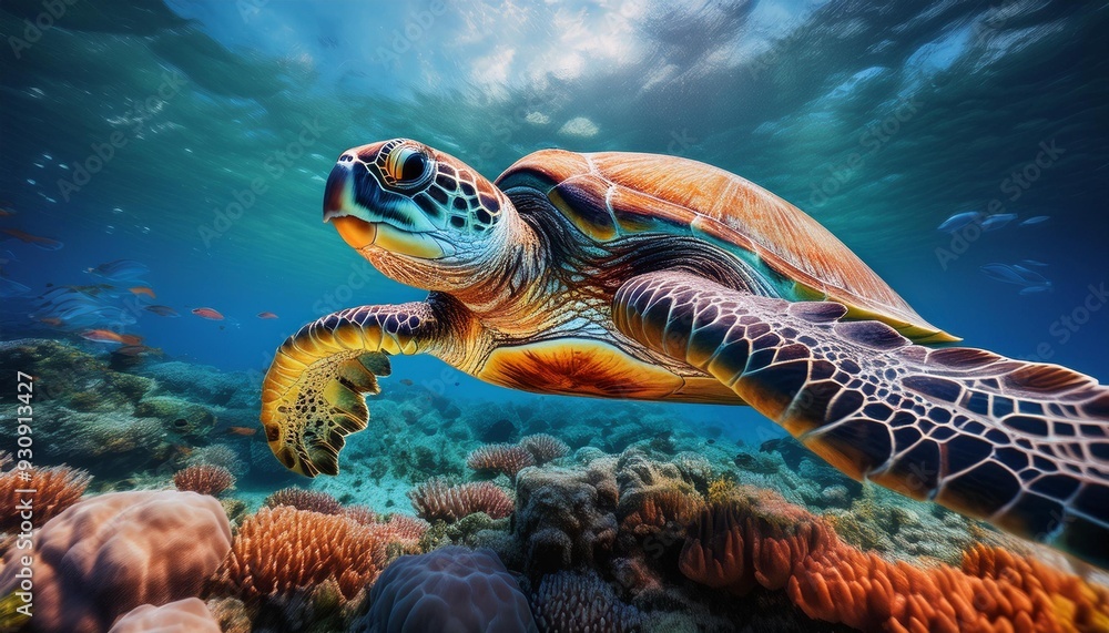 Fototapeta premium A sea turtle gliding over a coral reef, the focus on the turtle's shell and flippers, with t