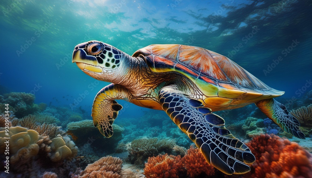 A sea turtle gliding over a coral reef, the focus on the turtle's shell and flippers, with t A sea turtle gliding over a coral reef, the focus on the turtle's shell and flippers, with t
