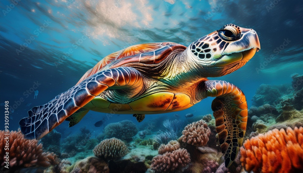 Fototapeta premium A sea turtle gliding over a coral reef, the focus on the turtle's shell and flippers, with t.