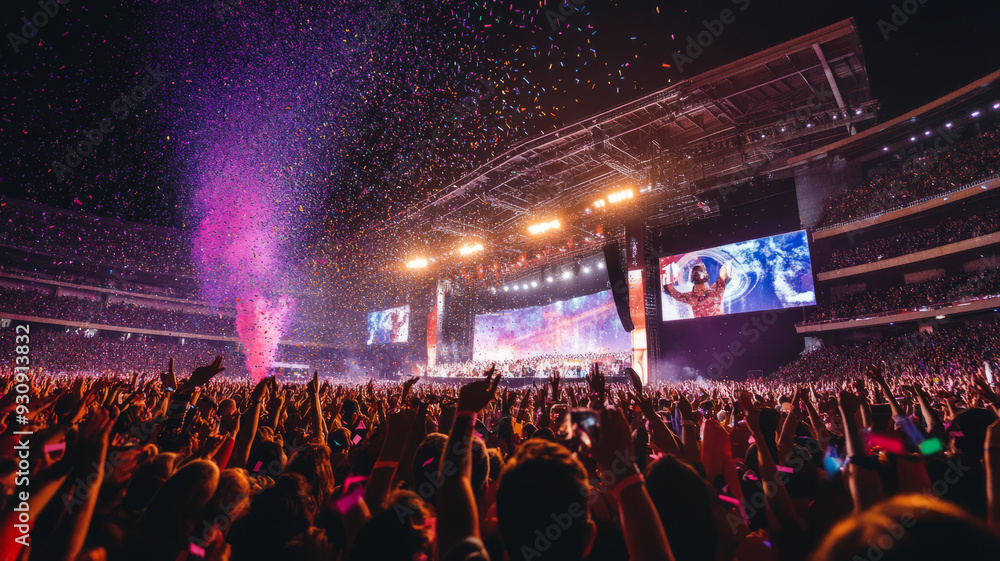 a live music event in a large stadium, with a massive stage illuminated by dynamic lights,