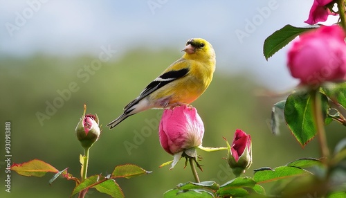 lesser goldfinch spinus psaltria perched on a rosebud photo