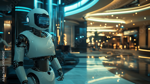 Wallpaper Mural A futuristic service industry setting, with AI-powered robots assisting customers, holographic customer service interfaces, Torontodigital.ca