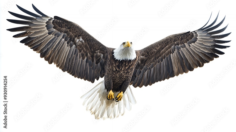 A bald eagle with its wings spread wide, soaring through the air against a white background. A bald eagle with its wings spread wide, soaring through the air against a white background.
