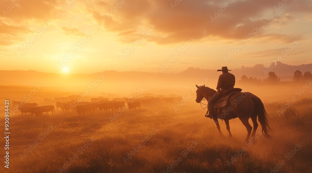 In the early morning light, a skilled cowboy rides his horse, expertly managing a herd of cattle across serene fields, embodying the spirit of the American West with each elegant movement In the early morning light, a skilled cowboy rides his horse, expertly managing a herd of cattle across serene fields, embodying the spirit of the American West with each elegant movement
