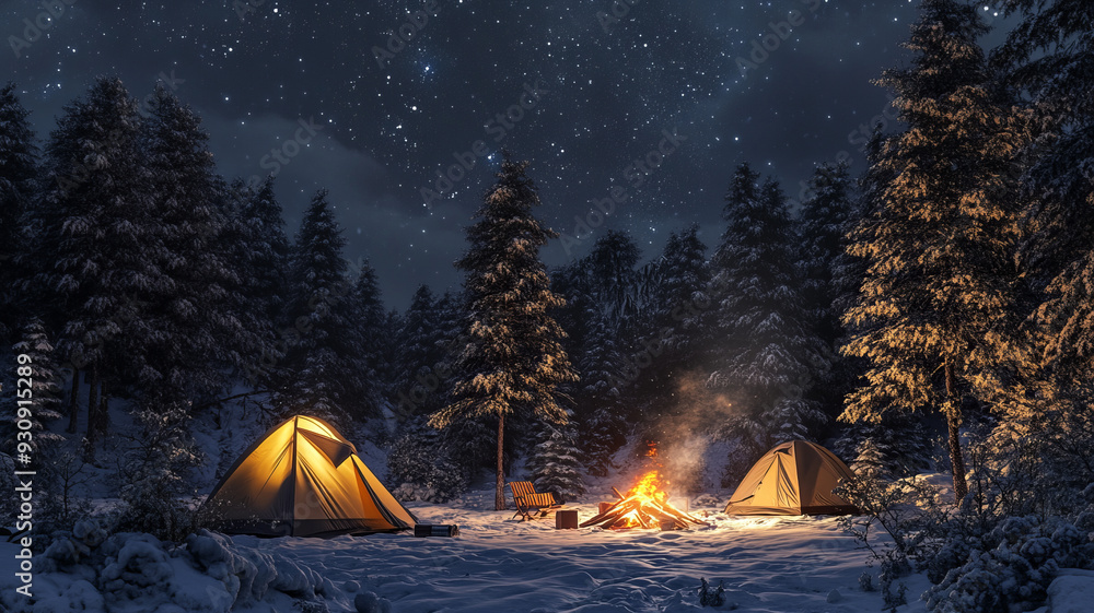 Winter camping in a frosty landscape, snow-covered tents surrounded by pine trees, cozy campfire with glowing embers, Winter camping in a frosty landscape, snow-covered tents surrounded by pine trees, cozy campfire with glowing embers,