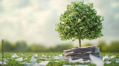 Fototapeta Naklejka Na Ścianę i Meble -  Green Tree Growing From Stack of Paper in Grass