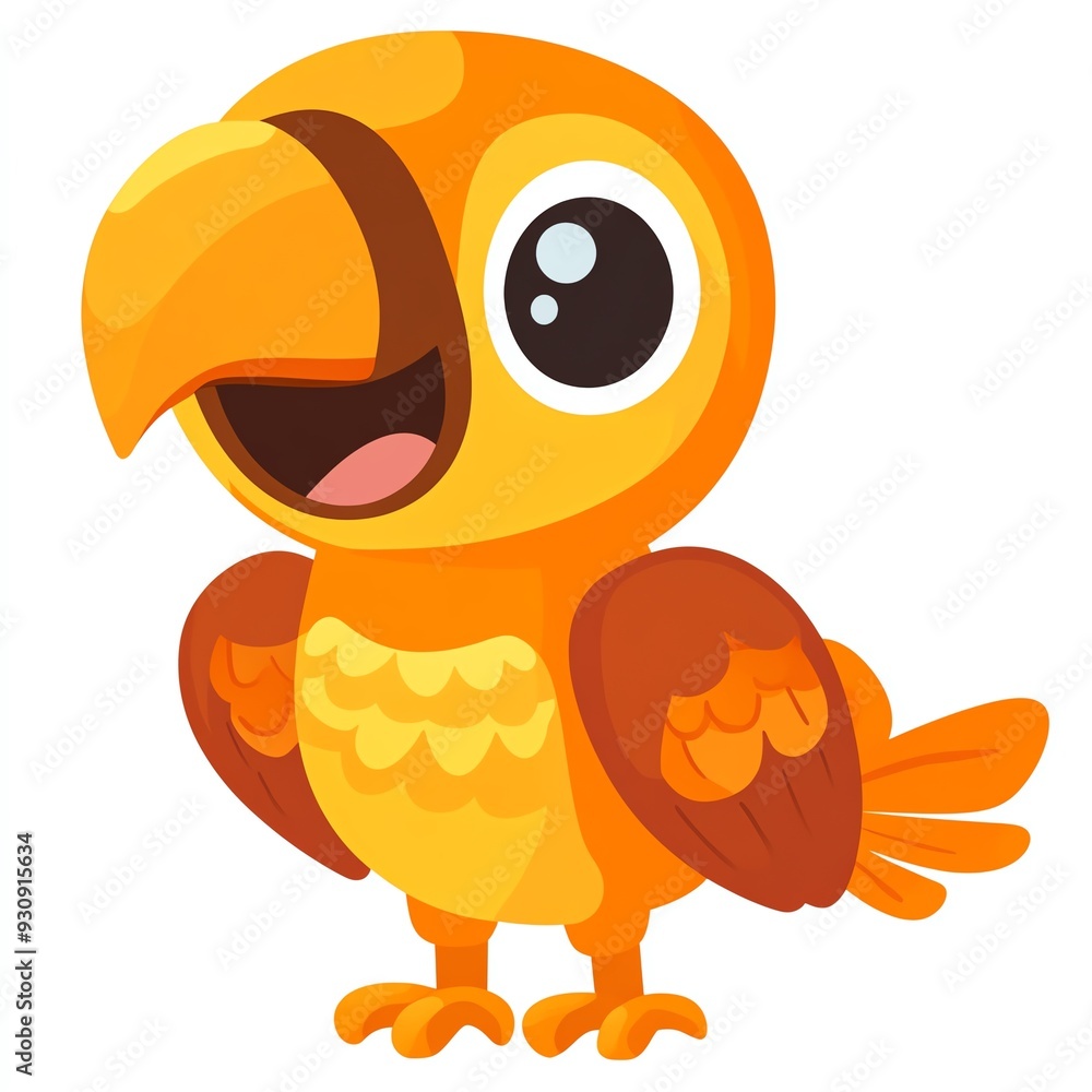 Naklejka premium A vibrant cartoon parrot with bright orange feathers, big expressive eyes, and a cheerful expression, perfect for kids' designs.