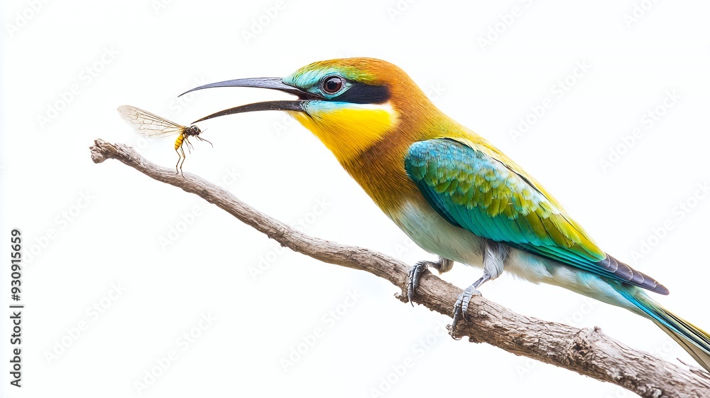 Fototapeta premium A colorful bee-eater bird with a long beak perches on a branch, about to swallow an insect.
