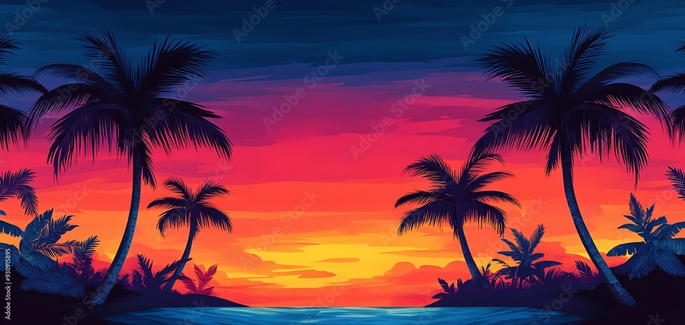 Naklejka premium Vibrant sunset over tropical ocean, silhouetted by palm trees, creating a serene and picturesque beach atmosphere.