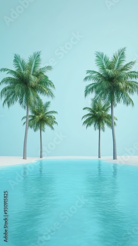 Tranquil tropical scene with palm trees and clear turquoise water set against a soft blue background, perfect for relaxation.