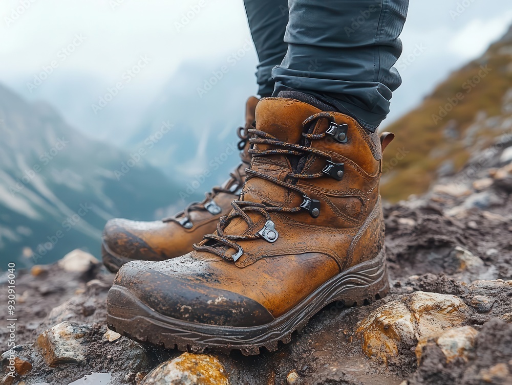 closeup of hikers boots on rugged mountain trail weathered leather against rocky terrain captures spirit of adventure sense of journey and exploration in outdoor setting closeup of hikers boots on rugged mountain trail weathered leather against rocky terrain captures spirit of adventure sense of journey and exploration in outdoor setting
