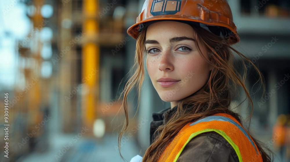 a female construction worker, standing confidently on a construction site, a female construction worker, standing confidently on a construction site,
