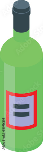 Green bottle of wine with a simple label standing on white background