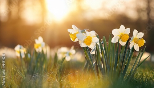 banner daffodil in white and yellwo on a spring meadow with warm light photo