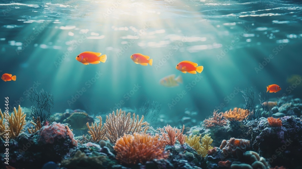 Obraz premium Underwater Scene with Sunbeams and Orange Fish Swimming Through Coral Reef