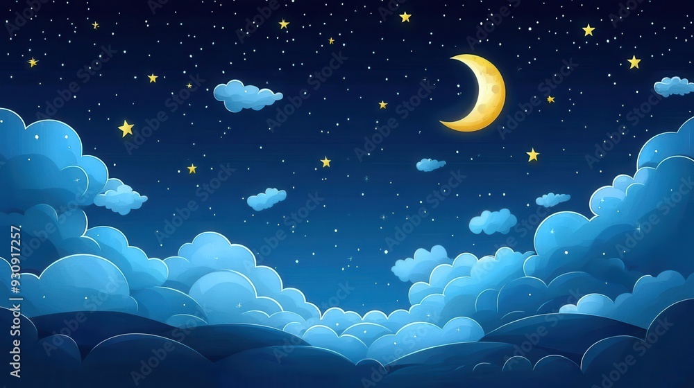 Night Sky with Crescent Moon and Stars Cartoon Illustration Night Sky with Crescent Moon and Stars Cartoon Illustration