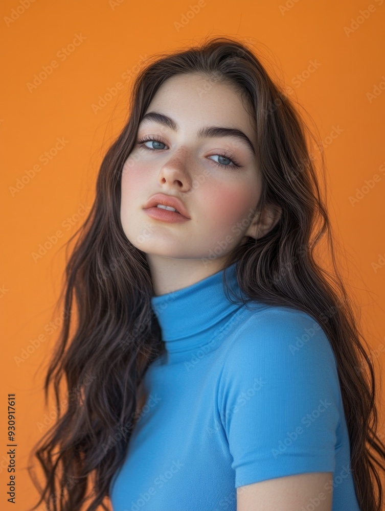 Portrait of a Young Female with Blue Eyes and Hair, Wearing Neck Top Against Orange Backdrop Portrait of a Young Female with Blue Eyes and Hair, Wearing Neck Top Against Orange Backdrop