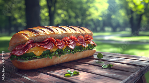 A delicious-looking sub sandwich filled with meat, cheese, and vegetables sits on a wooden table in a park.