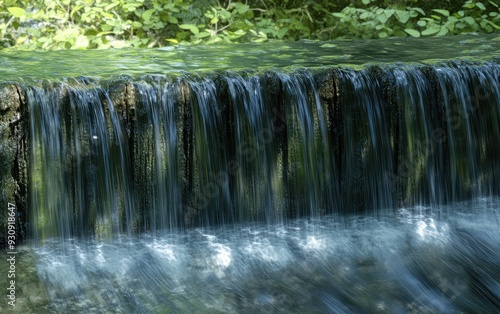Tranquil Waterfall Cascading Over Mossy Rocks in a Lush Forest.