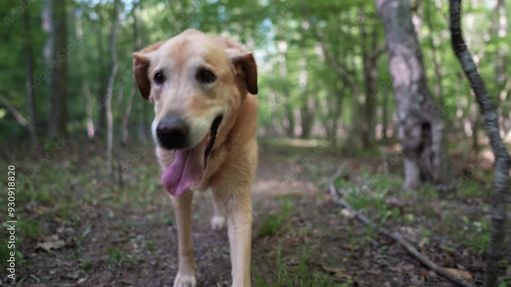 Aging Golden Labrador Retriever dog walking and limping in a forest path. Aging Golden Labrador Retriever dog walking and limping in a forest path.