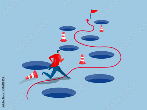 Avoid pitfall Planning and obstacle avoidance concept, business failure, skill and creativity to solve problem  with many pitfalls to achieve business success vector