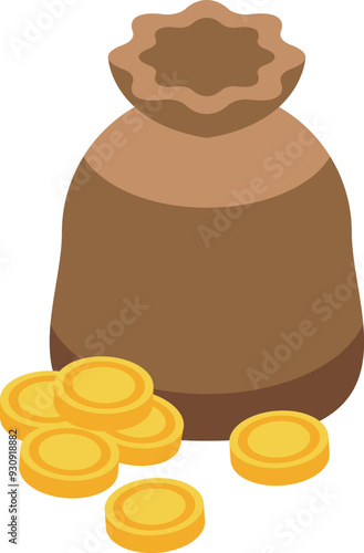 Full canvas sack overflowing with shiny gold coins