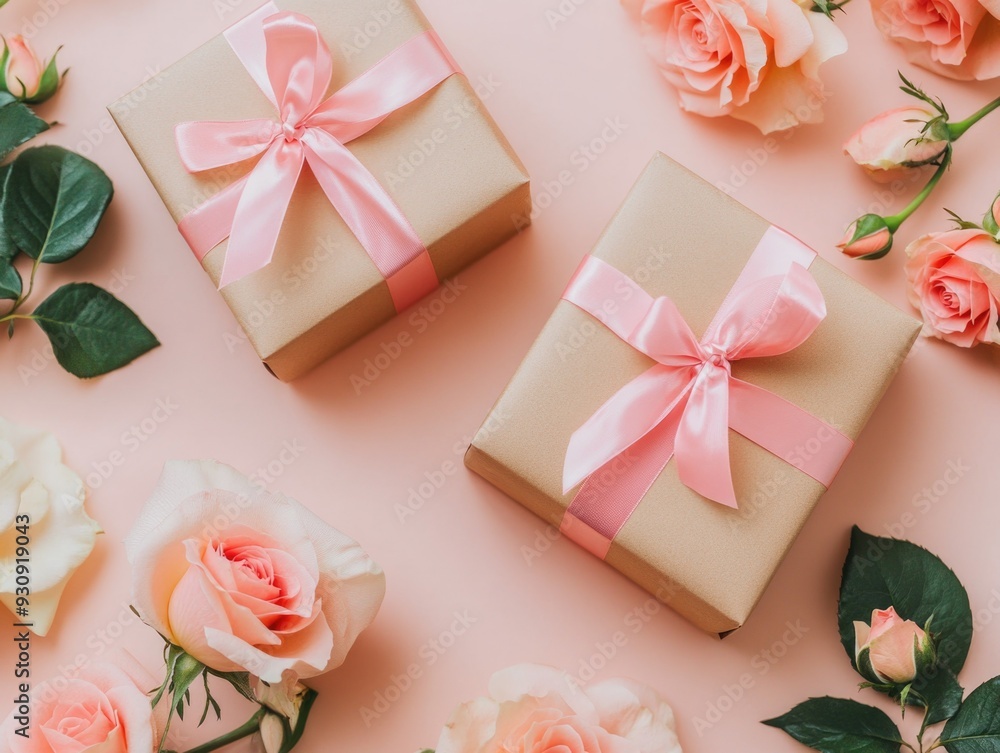 Celebratory Gift Boxes with Pink Ribbons on a Pink Background Celebratory Gift Boxes with Pink Ribbons on a Pink Background