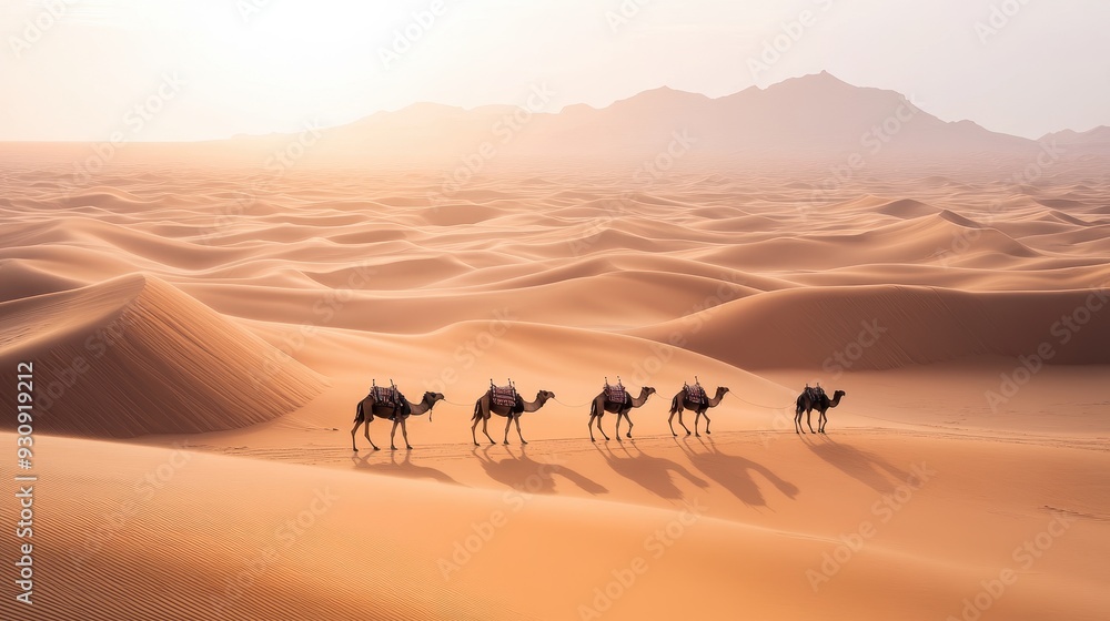 Camel Caravan Crossing Vast Desert Dunes at Sunset Camel Caravan Crossing Vast Desert Dunes at Sunset