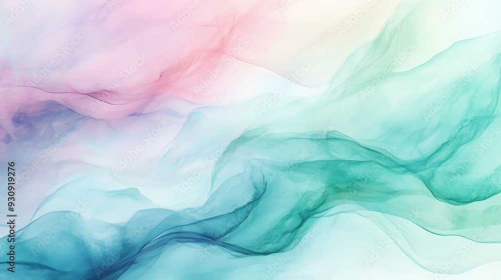 Fototapeta premium Abstract Watercolor Background with Pastel Green, Blue, and Pink Swirls.
