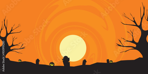 Halloween background design, Halloween night,spooky atmosphere, pumpkin, halloween night silhouette design.