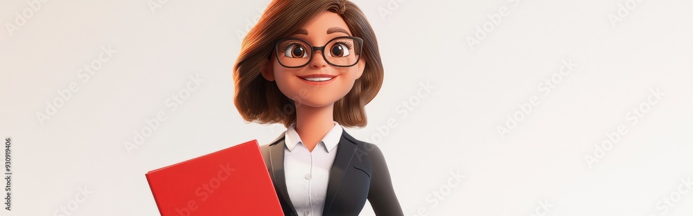 3D cartoon of a joyful businesswoman with a red folder standing against a white backdrop 3D cartoon of a joyful businesswoman with a red folder standing against a white backdrop