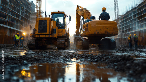 A powerful scene depicting heavy machinery operators at work, skillfully handling large equipment such as excavators and cranes on a construction site,