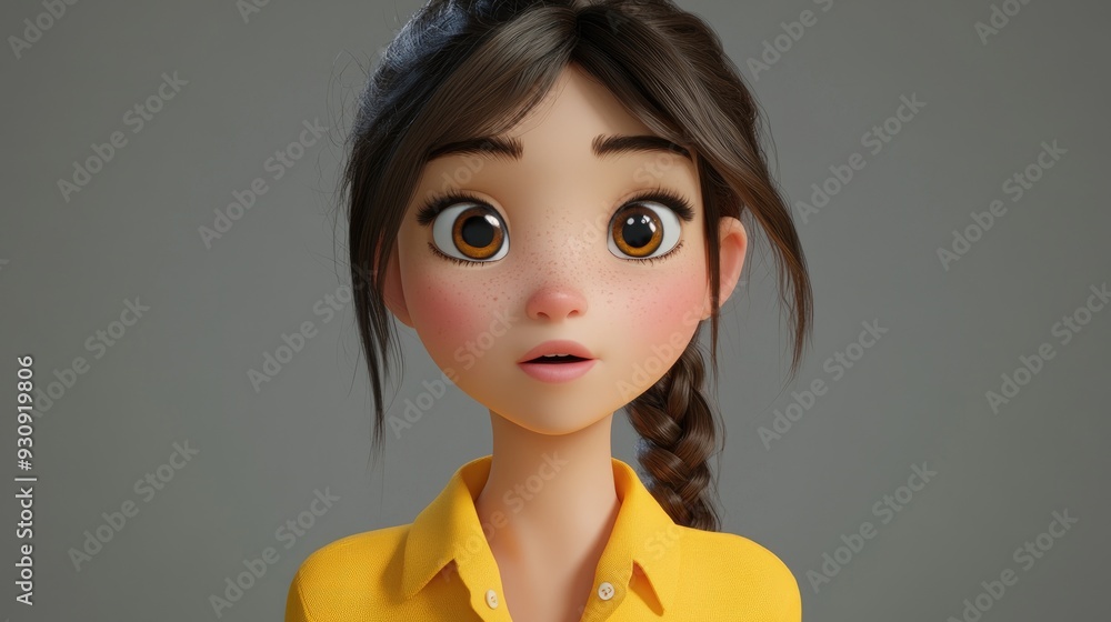 3D Cartoon of a pretty young girl with a time out gesture looking at the viewer dressed in a casual yellow shirt posed against a gray backdrop 3D Cartoon of a pretty young girl with a time out gesture looking at the viewer dressed in a casual yellow shirt posed against a gray backdrop
