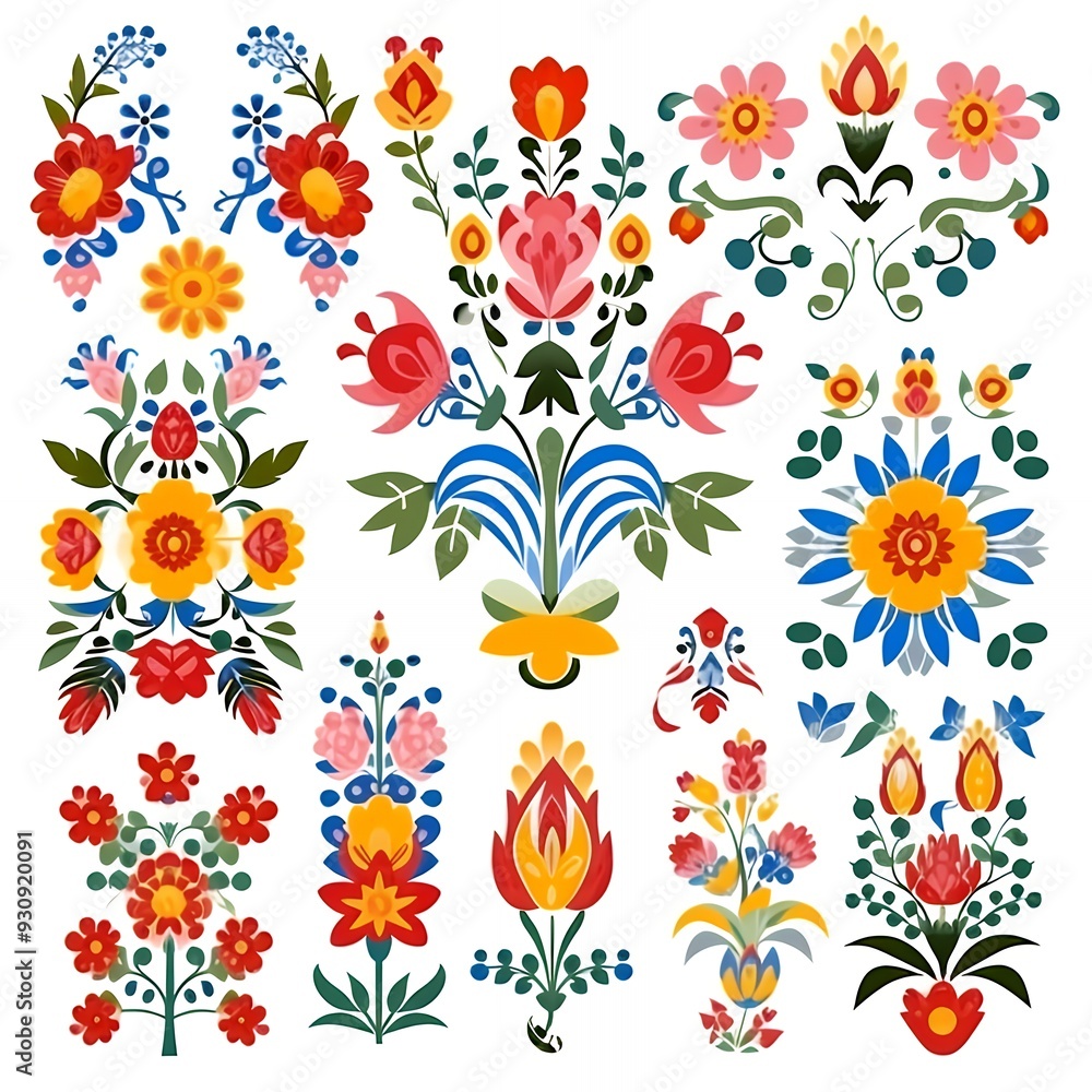 Obraz premium A set of 20 colorful floral designs with a folk art style.