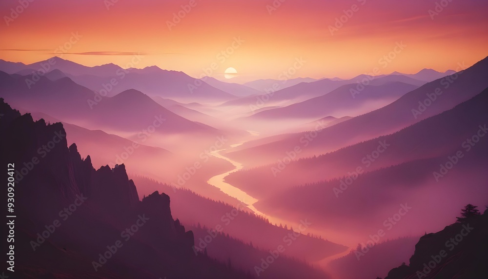 Obraz premium Intense sunset with deep purples and glowing oranges, illuminating a jagged mountain range, while thick fog blankets the valley in a surreal atmosphere.