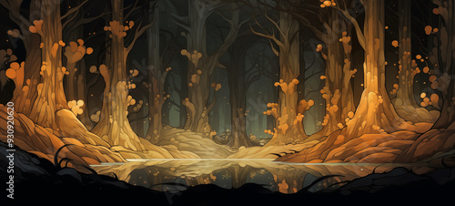 A forest of towering trees with glowing leaves in shades of brown and yellow, a pond in the middle of the scene, simple fantasy background, cartoon-style vector art