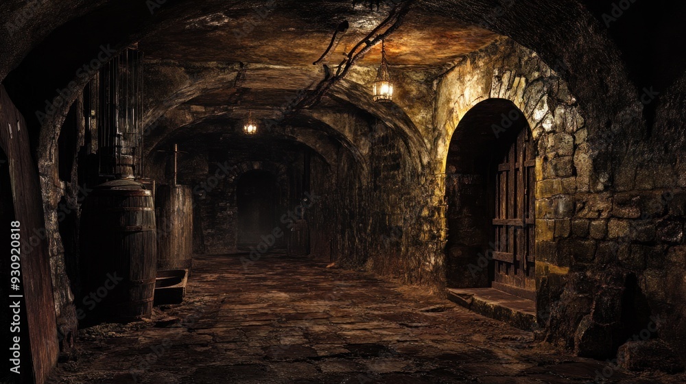 Obraz premium Mysterious Stone Cellar with Wooden Door