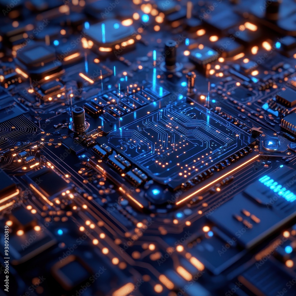 Closeup of a Circuit Board with Glowing Blue and Orange Lights.