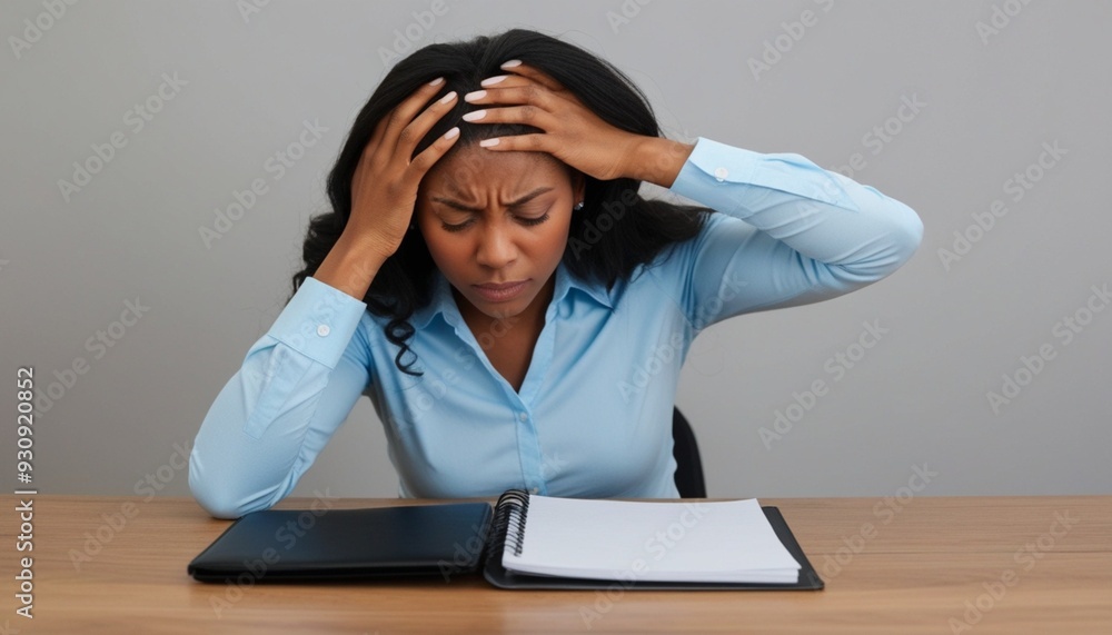 Portrait of a woman holding her head against a dark background. describes excessive stress due to work pressure. Portrait of a woman holding her head against a dark background. describes excessive stress due to work pressure.